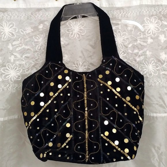 NWOT Black Velvet Shoulder Bag/Tote, Gold Sequins & Beads - Picture 2 of 13